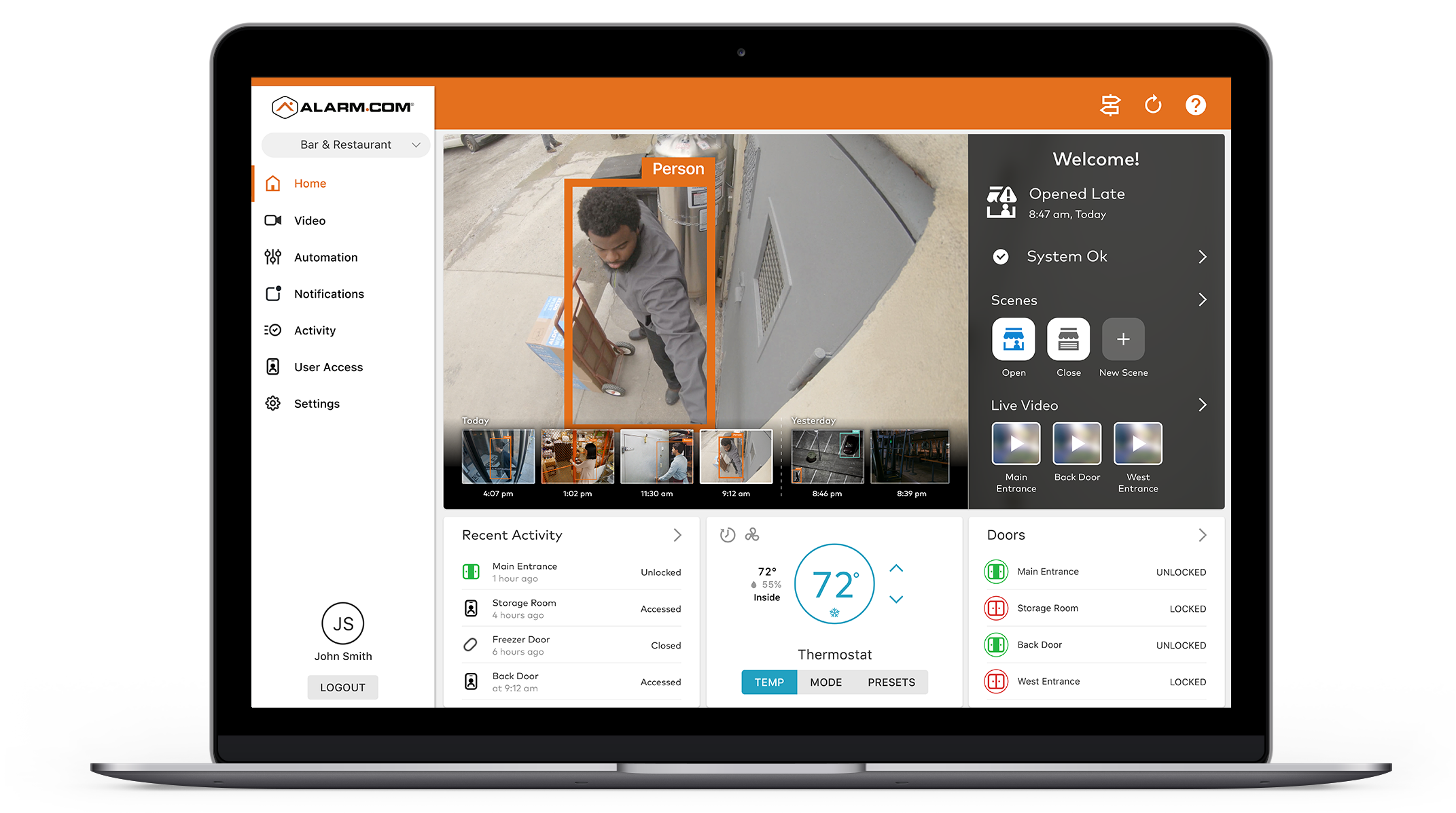 alarm.com dashboard overview with live stream