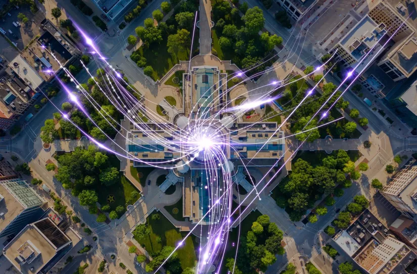 IA digital technology overlay on a cityscape, highlighting key global security trends with data points, cybersecurity measures, and smart city solutions