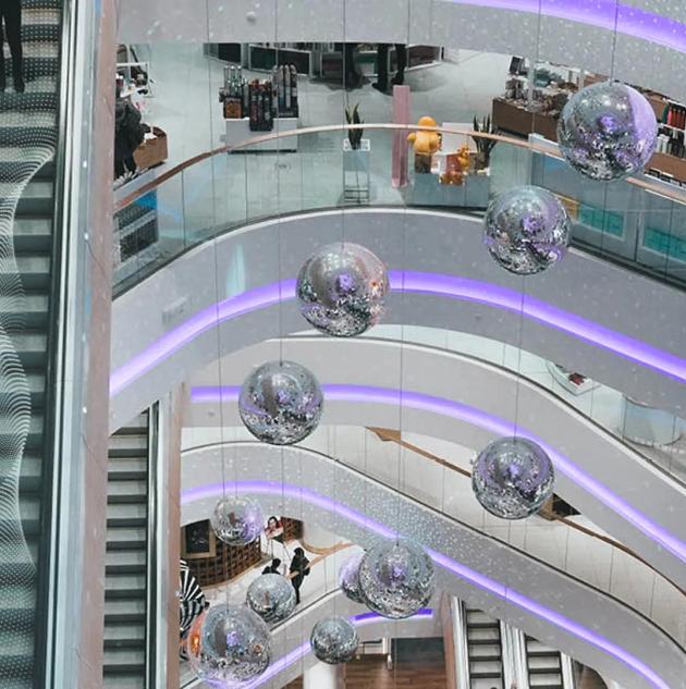mall interior with multiple levels, escalators, and a secure shopping environment supported by advanced retail security technology